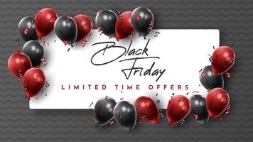 Black Friday Sale Poster with Shiny Balloons on Black and White Background. Universal vector background for poster, banners, flyers, card. vector illustration