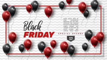 Black Friday Sale Poster with Shiny Balloons on Black and White Background. Universal vector background for poster, banners, flyers, card. vector illustration