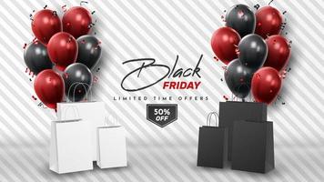 Black Friday Sale Poster with Shiny Balloons on Black and White Background. Universal vector background for poster, banners, flyers, card. vector illustration