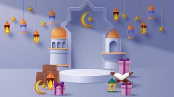 Islamic display podium decoration background with islamic ornament. Vector 3D Illustration