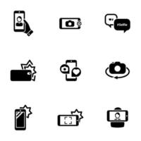 Set of simple icons on a theme Self, photo, camera, phone, mobile, interaction, technology, vector, set. Black icons isolated against white background vector