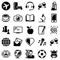 conjunto de iconos simples sobre un tema pasatiempos, entretenimiento, vector, diseño, colección, plano, signo, símbolo, elemento, objeto, ilustración. iconos negros aislados sobre fondo blanco vector