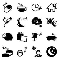 Set of simple icons on a theme Sleep, bedroom, house, lighting, night, vector, set, flat, sign, symbol, object. Black icons isolated against white background vector