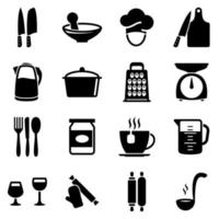 conjunto de iconos simples en un tema utensilios de cocina, vector, diseño, colección, plano, signo, símbolo, elemento, objeto, ilustración. iconos negros aislados sobre fondo blanco vector