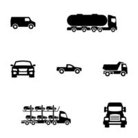 conjunto de iconos negros aislados en fondo blanco, en camión temático, camiones vector