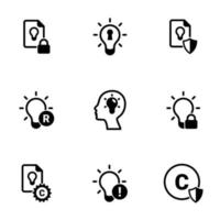 conjunto de iconos simples sobre un tema propiedad intelectual, vector, diseño, colección, plano, signo, símbolo, elemento, objeto, ilustración, aislado. Fondo blanco vector