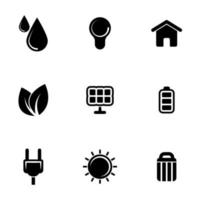 conjunto de íconos simples sobre un tema ecología, energía, batería, panel solar, reciclaje, seguro, combustible, vector, conjunto. Fondo blanco vector
