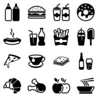 conjunto de íconos simples sobre un tema de comida rápida, bebidas, café, alcohol, restaurante, dulces, comida dañina, patio de comidas, vector, juego. iconos negros aislados sobre fondo blanco vector