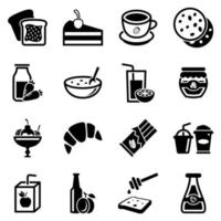 conjunto de iconos simples sobre un tema dulces, bebidas, comida, vector, diseño, colección, plano, signo, símbolo, elemento, objeto, ilustración. iconos negros aislados sobre fondo blanco vector