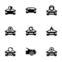 conjunto de iconos simples en un seguro de automóvil temático, vector, diseño, colección, plano, signo, símbolo, elemento, objeto, ilustración, aislado. Fondo blanco vector