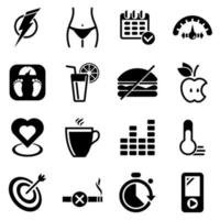 conjunto de iconos simples sobre una dieta temática, deporte, salud, vector, diseño, colección, plano, signo, símbolo, elemento, objeto, ilustración. iconos negros aislados sobre fondo blanco vector