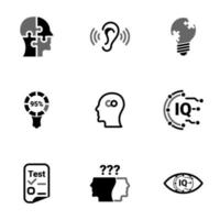 conjunto de iconos simples sobre un tema intelecto, investigación, mente, cerebro, persona, vector, conjunto. iconos negros aislados sobre fondo blanco vector