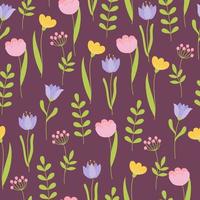 Seamless pattern with colorful flowers on purple background. Endless print made of flowers and branches. vector