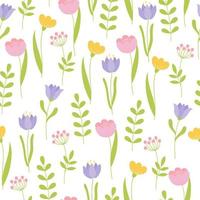 Seamless pattern with colorful flowers. Endless print made of flowers and branches in pastel colors on white background . vector