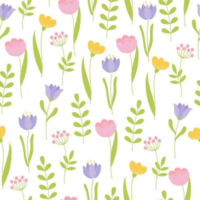 Seamless pattern with colorful flowers. Endless print made of flowers and branches in pastel colors on white background .