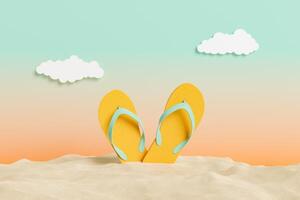 flip flops on beach sand with sunset studio background photo