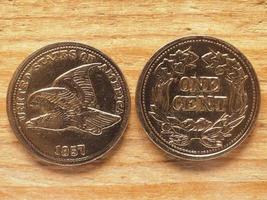 currency of the USA 1 cent coin obverse showing Flying Eagle and photo