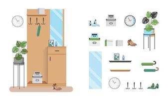 Flat vector illustration of interior, hallway, furniture. Wardrobe concept with mirror, hanger, houseplant. Isolated element of furniture on white background. Set of vector icons of shoes, accessories