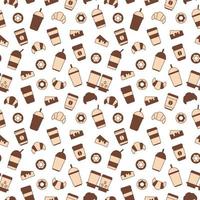 Vector seamless pattern of cups of coffee, drinks, cakes, croissants and donuts. Illustration on the theme of food, coffee and sweets. Abstract background of icons of cups of coffee, dessert, baking