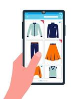 ilustración de vector plano, concepto de tienda de ropa en línea, mano con teléfono inteligente. ir de compras, comprar ropa. ver los productos de la tienda de ropa en la aplicación en la pantalla del teléfono inteligente