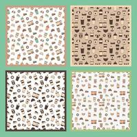Vector seamless pattern of cups of coffee, drinks, cakes, croissants and donuts. Illustration on the theme of food, coffee and sweets. Abstract background of icons of cups of coffee, dessert, baking