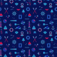 Vector seamless pattern of icons on the theme of the sea, navigation, sea travel. Nautical illustration of objects of navigation, seafaring