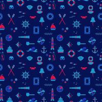 Vector seamless pattern of icons on the theme of the sea, navigation, sea travel. Nautical illustration of objects of navigation, seafaring