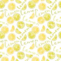 Vector seamless pattern of citruses, lime slices, oranges, lemons. Abstract background, wallpaper. Natural organic food illustration, juicy fruits. Pattern of lemon icons and inscriptions, text