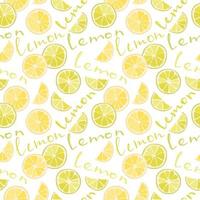 Vector seamless pattern of citruses, lime slices, oranges, lemons. Abstract background, wallpaper. Natural organic food illustration, juicy fruits. Pattern of lemon icons and inscriptions, text