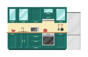 ilustración plana vectorial, interior de cocina, muebles, equipo de preparación de alimentos, vajilla vector
