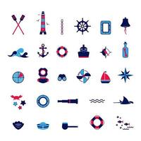 Vector set of icons on the theme of the sea, navigation, sea travel. Nautical illustration of objects of navigation, seafaring