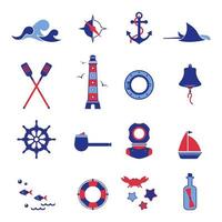 Vector set of icons on the theme of the sea, navigation, sea travel. Nautical illustration of objects of navigation, seafaring