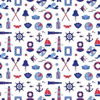 Vector seamless pattern of icons on the theme of the sea, navigation, sea travel. Nautical illustration of objects of navigation, seafaring