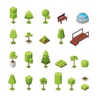 Vector set of trees and outdoor furniture isometric icons. Collection of natural botanical objects. 3d illustration of plants. Concept of plants and objects from geometric shapes for a park, garden