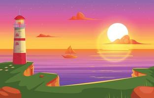 Beach Sunset With Lighthouse Cartoon Scenery Background vector