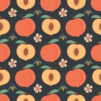 Seamless pattern with peach, flowers and bees. Fruit pattern. vector