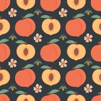 Seamless pattern with peach, flowers and bees. Fruit pattern. vector
