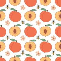 Seamless pattern with peach, flowers and bees. Fruit pattern. vector