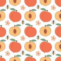 Seamless pattern with peach, flowers and bees. Fruit pattern. vector