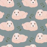 Seamless pattern, cute pink rabbits and twigs on a gray background. Print, textile, wallpaper, holiday decor