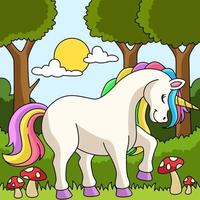 unicornio en un bosque de dibujos animados de colores vector