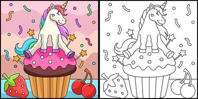 unicornio sentado en un cupcake para colorear, pintar e imprimir vector