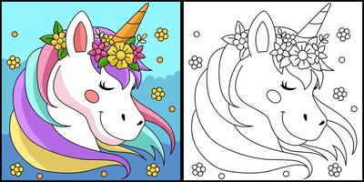 Unicorn Wearing A Flower Wreath Coloring Page vector