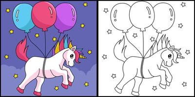 Unicorn Floating With The Balloons Coloring Page vector