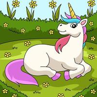 unicornio tendido en un campo de flores de dibujos animados de colores vector