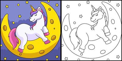 Unicorn Sleeping On The Moon Coloring Page vector