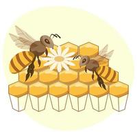Illustration, Honey and beekeeping, honeycombs, flowers and bees. Brown-gold colors. Icon, print, vector