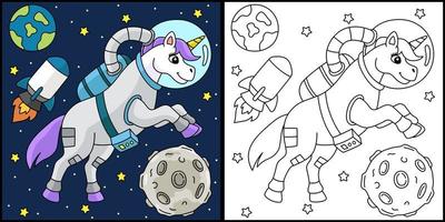 unicornio astronauta en el espacio para colorear página coloreada vector