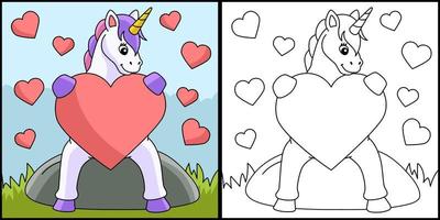 Unicornio abrazando un corazón para colorear vector