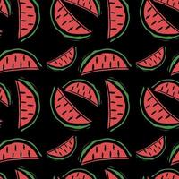 Seamless watermelon vector pattern. Colored doodle vector with watermelon icons isolated on black background. Vintage watermelon pattern, sweet elements background for your project